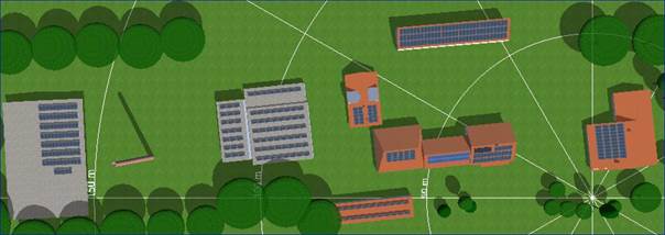 Aufsicht auf Gewerbegebäude mit Solardächern